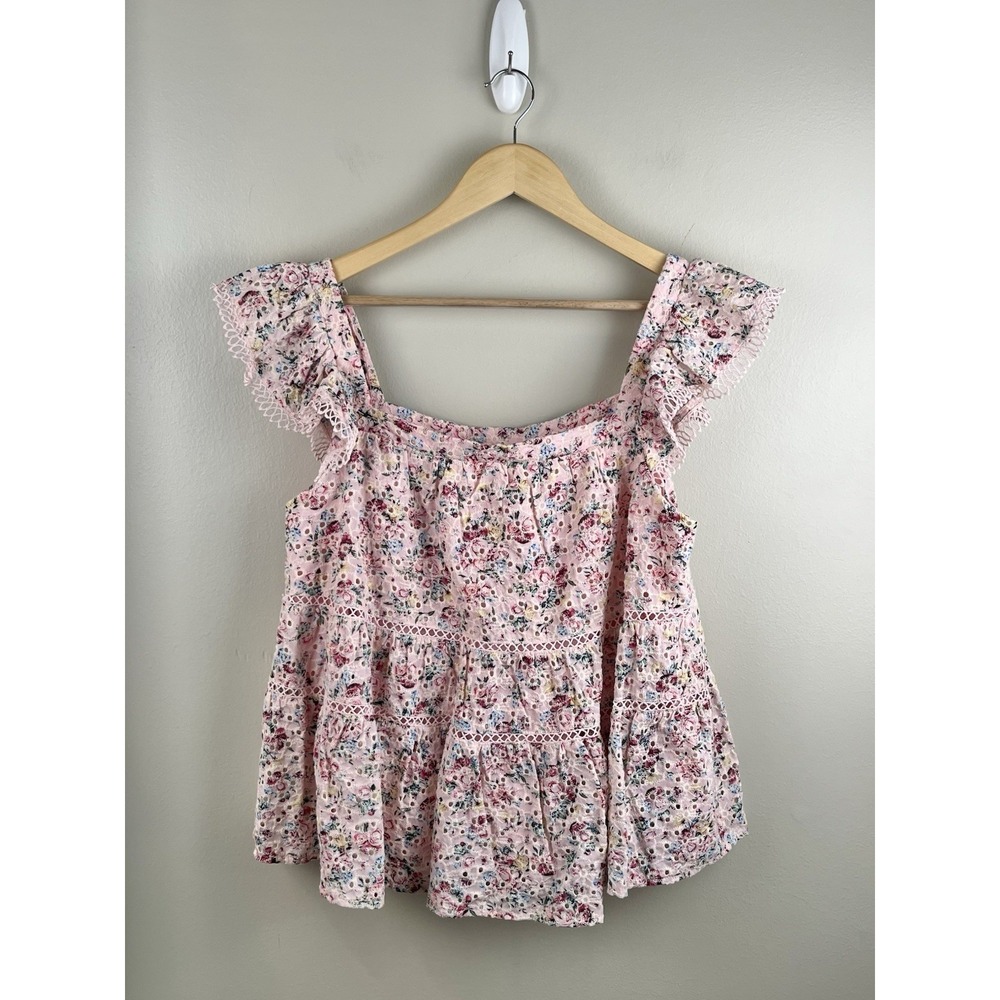 Franchesca's Mi Ami Peasant Eyelet Blouse Pink Floral Lace Cottage Core XL